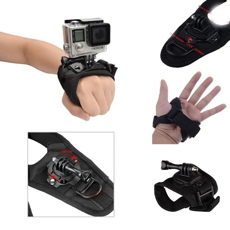 Black GoPro rotating wrist strap with 360-degree adjustment mechanism for action cameras