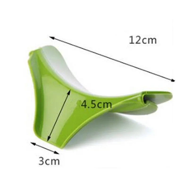 Green silicone kitchen funnel with clip for secure attachment to round pots