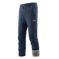 Fleece-lined thickened men's flared trousers in dark blue, wrinkle-free synthetic blend, low waist, front view