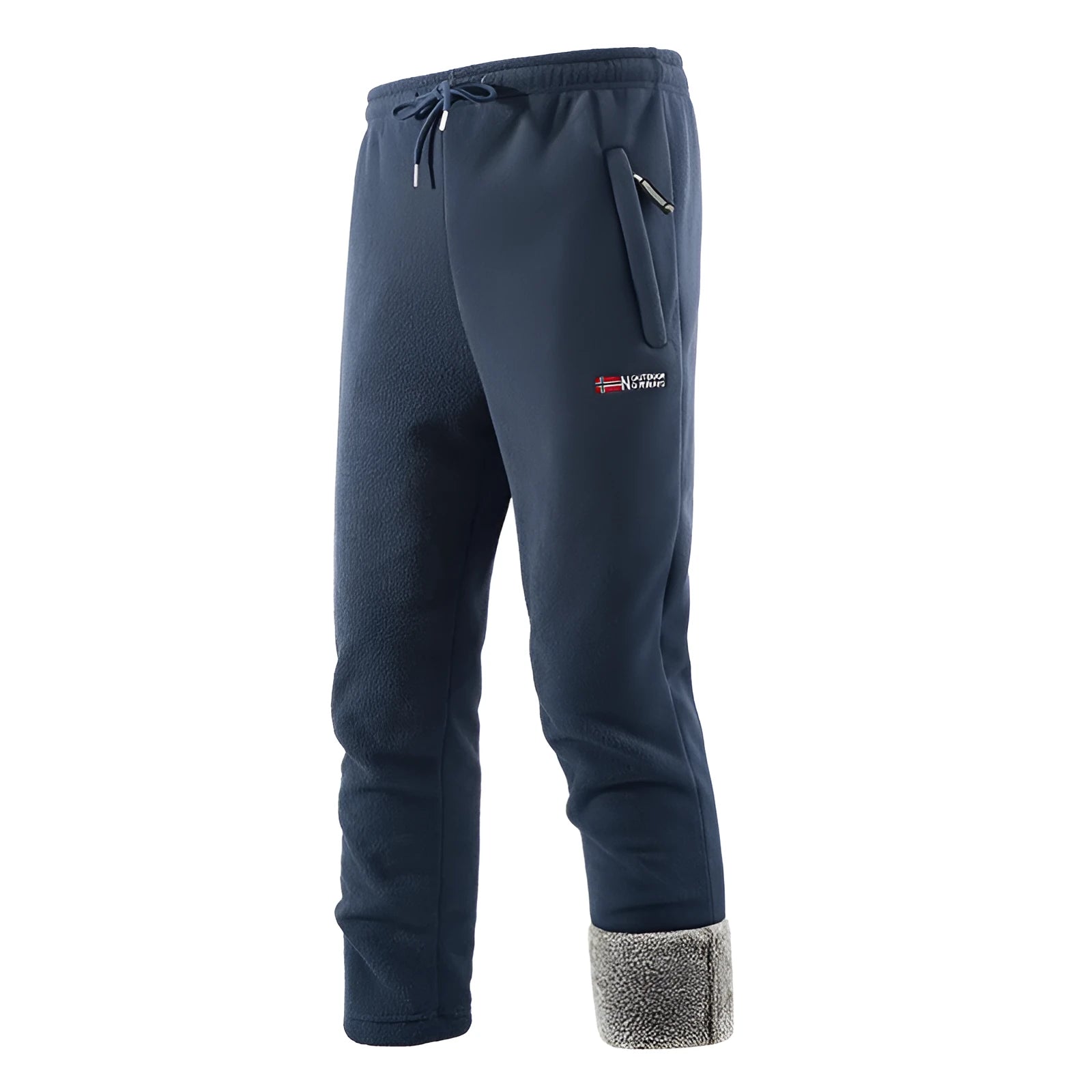 Fleece-lined thickened men's flared trousers in dark blue, wrinkle-free synthetic blend, low waist, front view