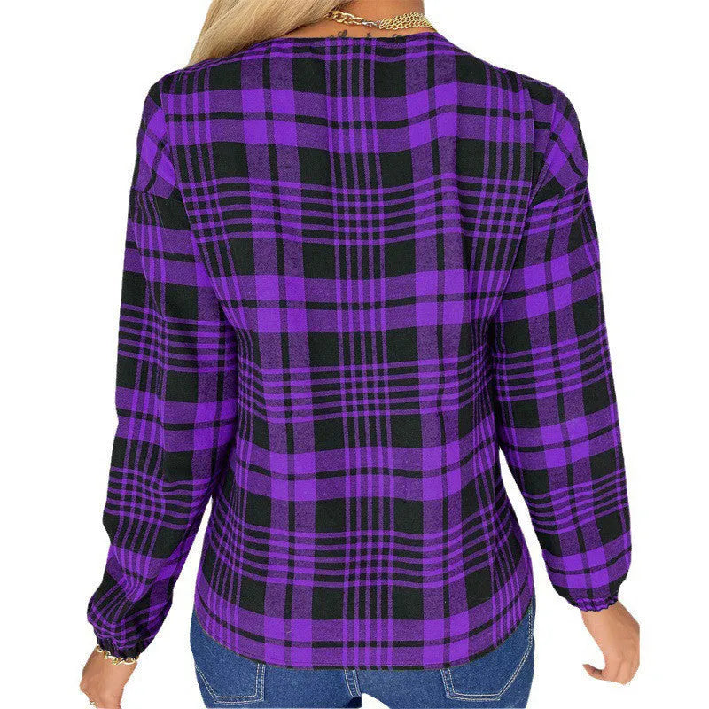 Women's loose-fit plaid casual shirt in polyester, available in purple, grey, or red colours.