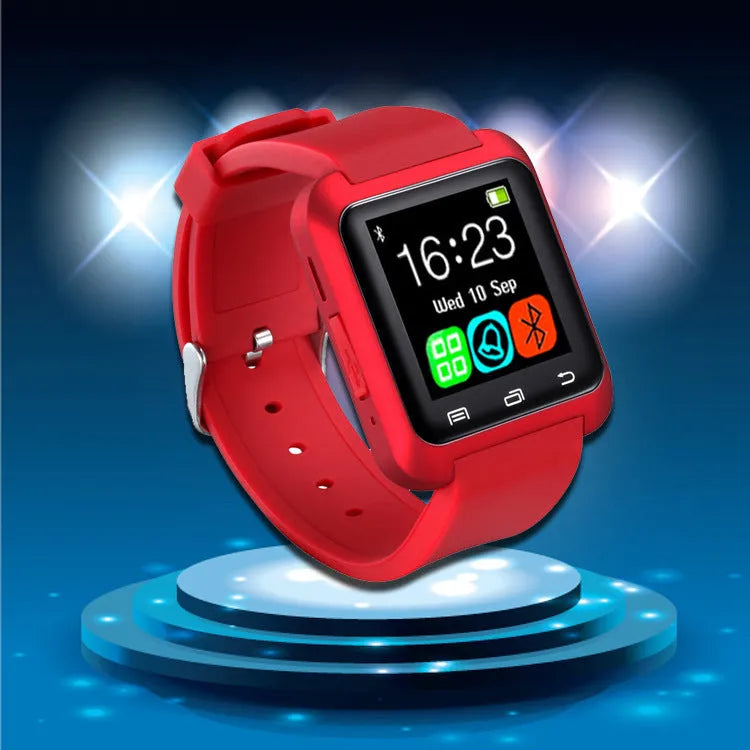 U8 smart watch in black, red, or white with a three-dimensional case shape and display.