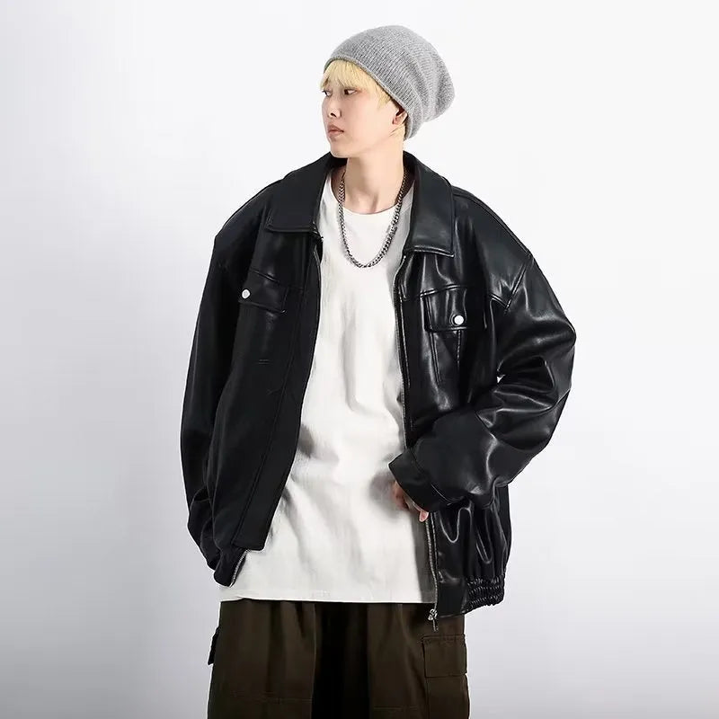 Black retro textured PU leather motorcycle jacket for men with loose fit