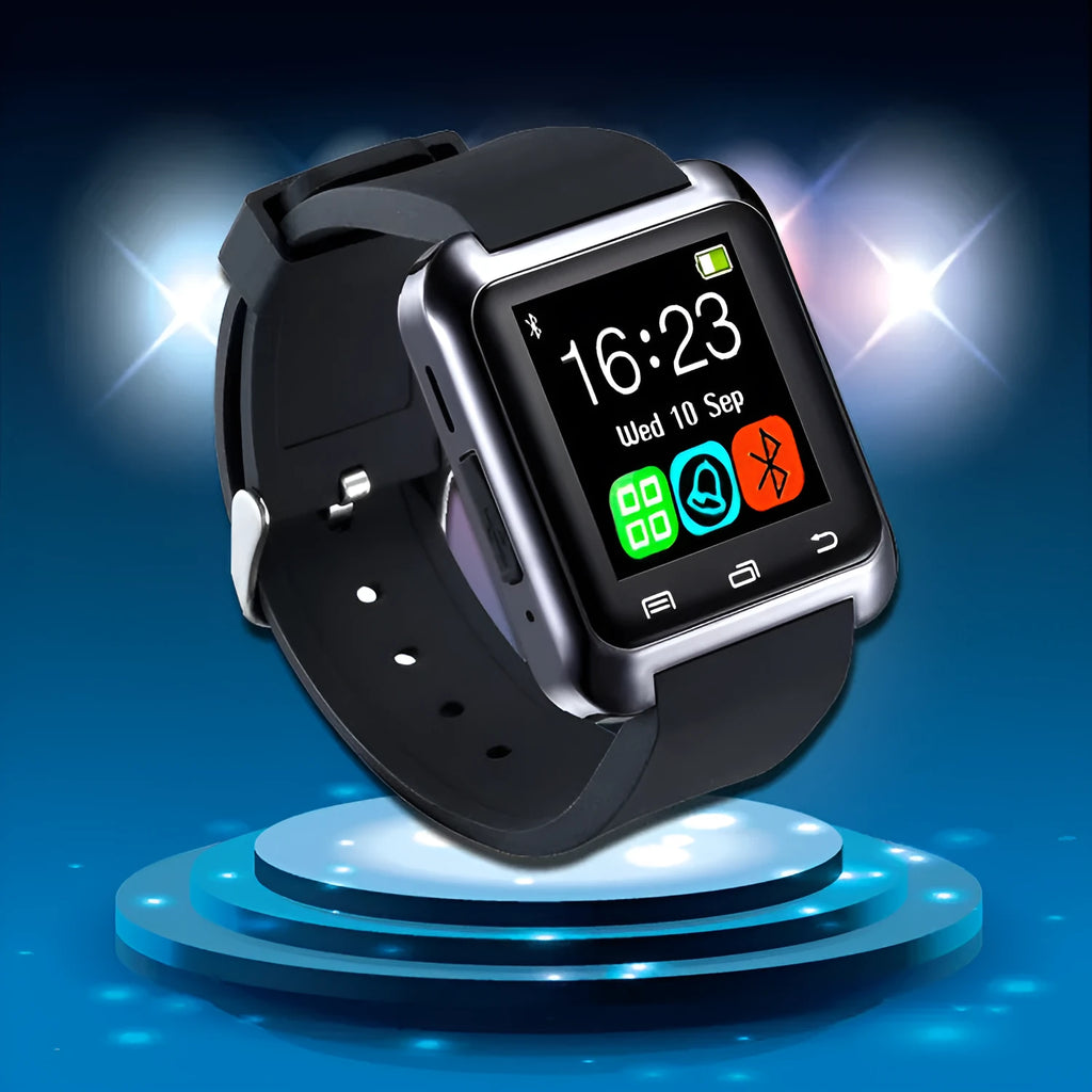 U8 smart watch in black, red, or white with a three-dimensional case shape and display.