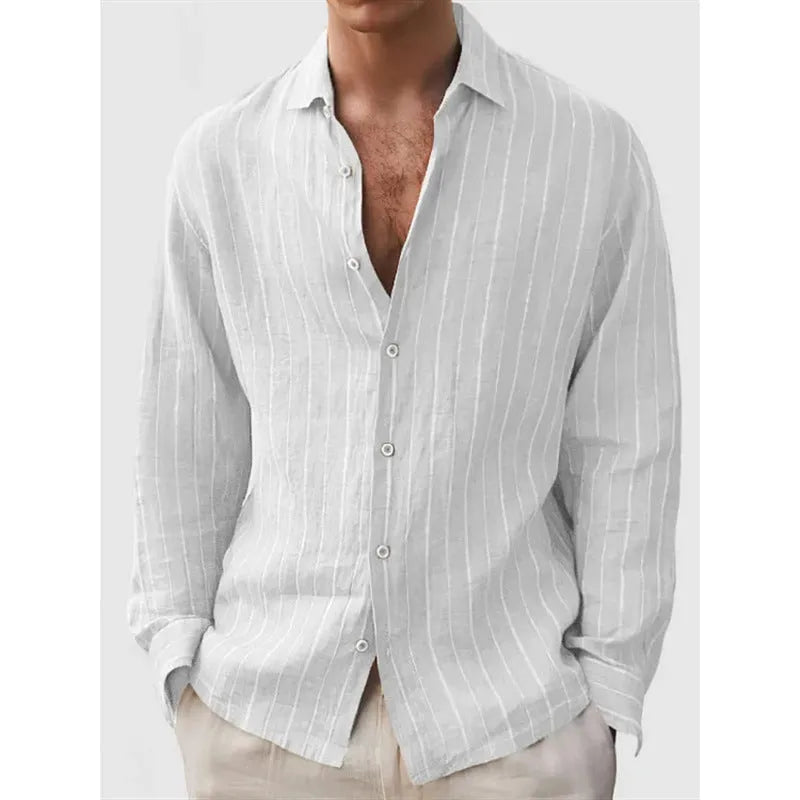 Men's striped cardigan shirt with loose fit and short sleeves in polyester fabric