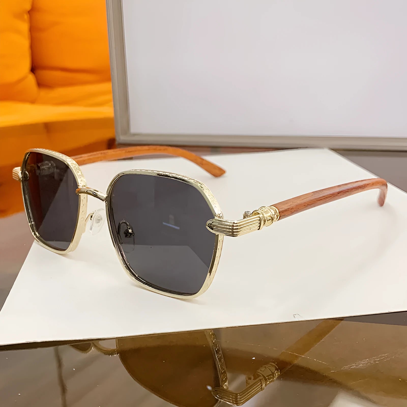 Gold frame frameless glasses with wood grain pattern and double blue lenses