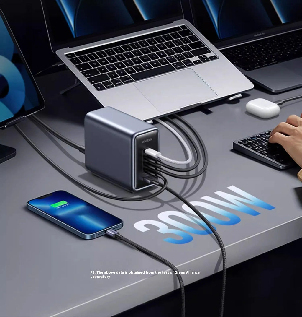 300W charging notebook charger head in business gray with 4C 1A interface, power cord, and dual C cable.