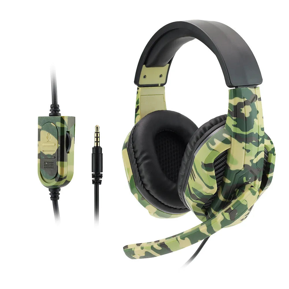 Army green camouflage wired over-ear gaming headset with microphone and 3.5mm plug on a black cable.