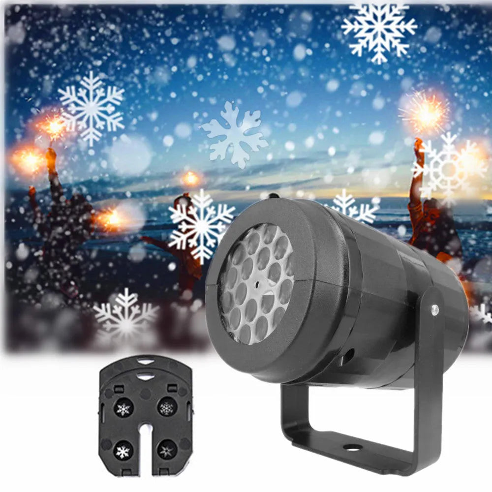 Christmas LED snowflake projector light showing rotating festive patterns for outdoor and indoor holiday decoration