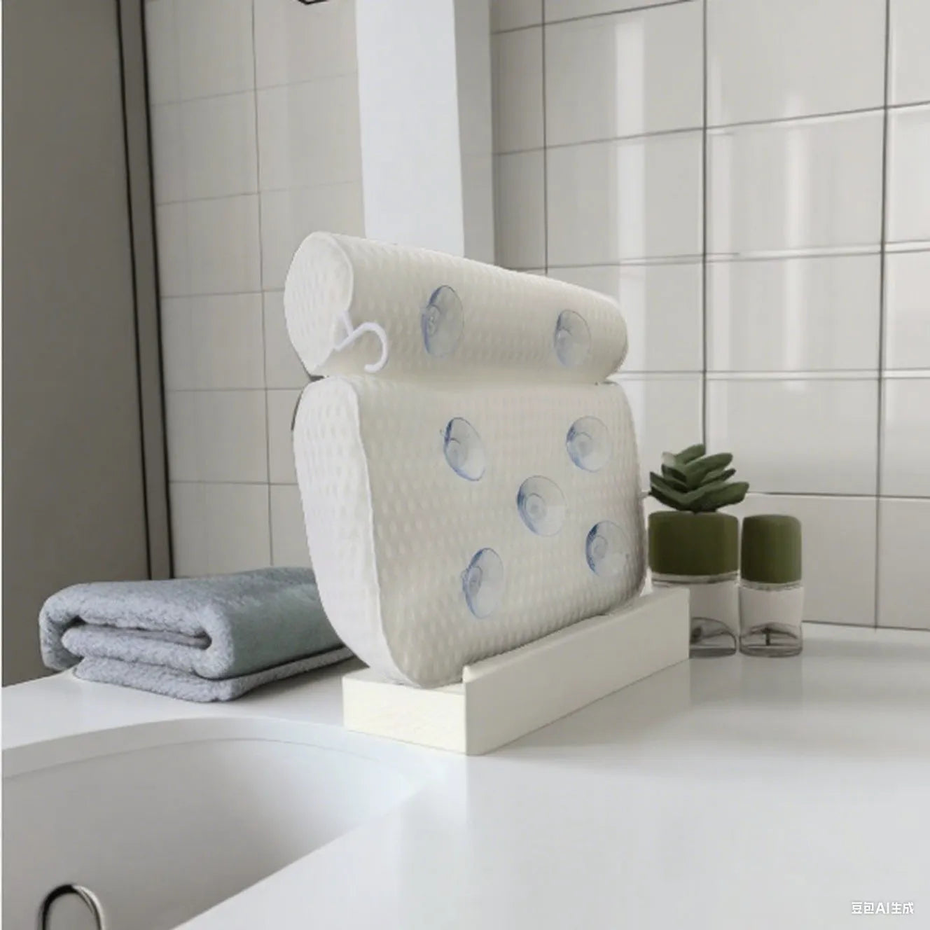 White bathtub pillow with 3D mesh fabric and suction cups on a tub surface.