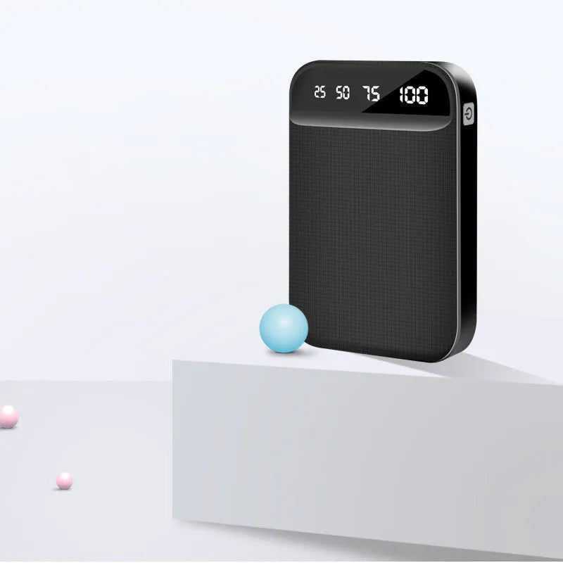 Compact mini power bank in black, showing multi-USB ports and slim 93mm x 63mm x 22mm dimensions.