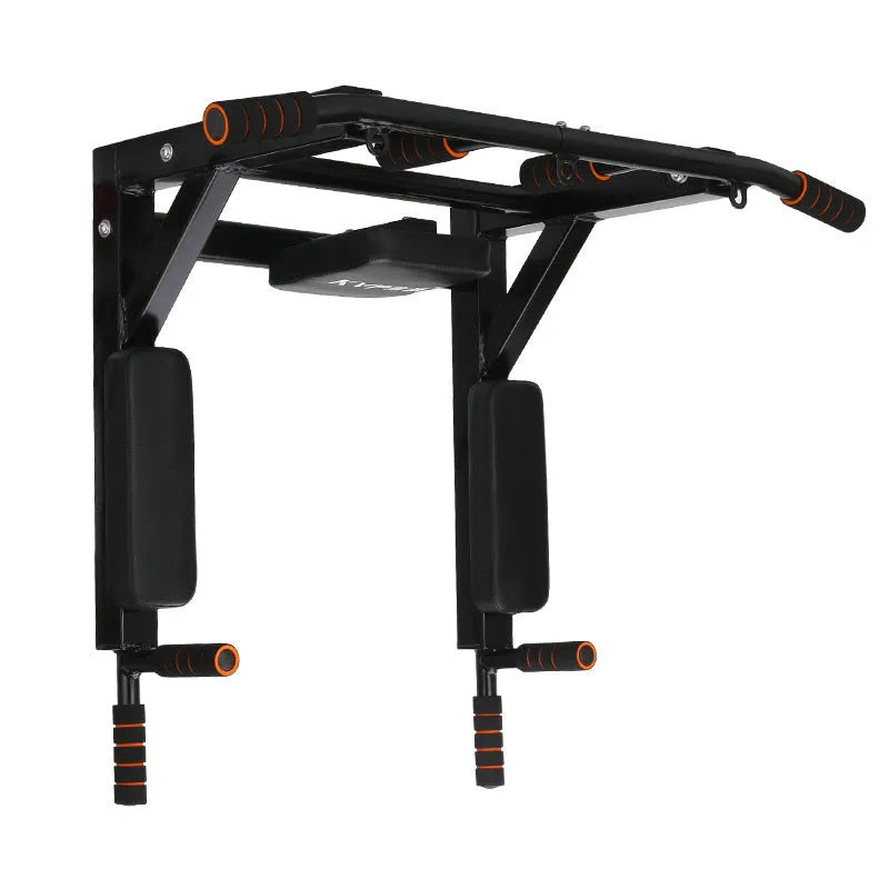 Black wall-mounted fitness station with sandbag rack, parallel bars, and a pull-up bar.