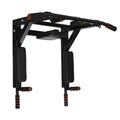 Black wall-mounted fitness station with sandbag rack, parallel bars, and a pull-up bar.