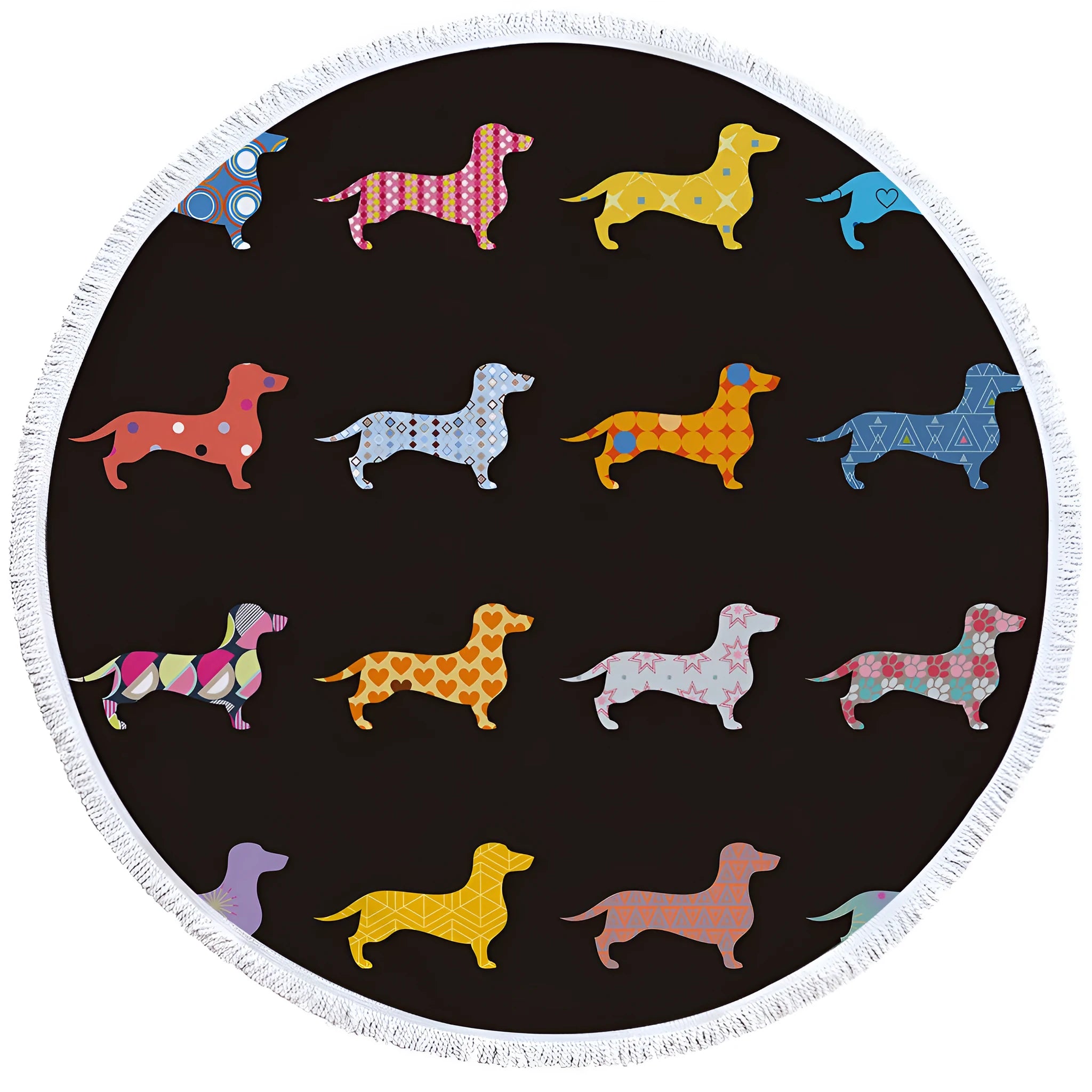 Microfiber beach towel in Geometric Dog print lying flat on light background