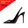 Black and red background women's high heel sandals with pointed toe, stiletto heel, and ankle-strap buckle.