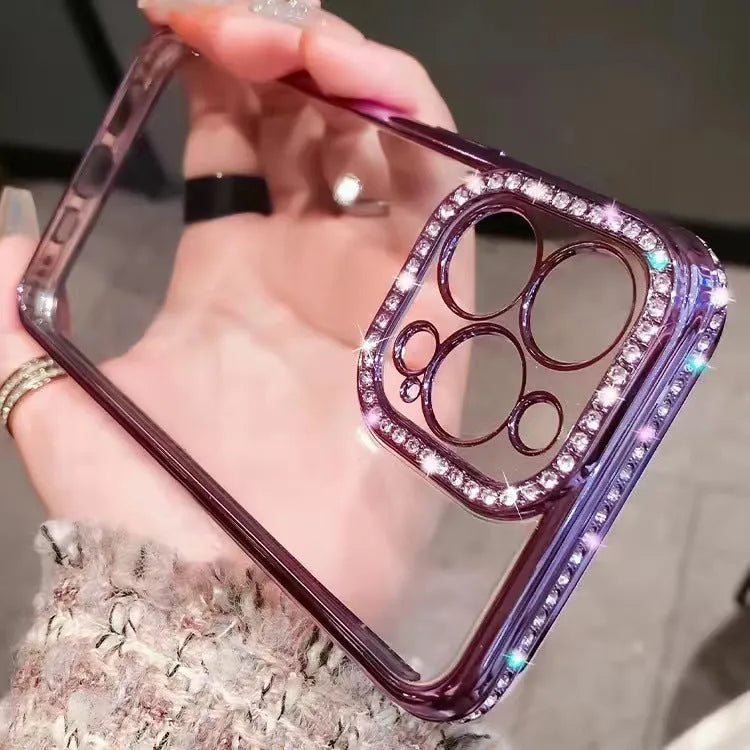 Rhinestone iPhone case in blue with all-inclusive glass back and TPU silicone frame