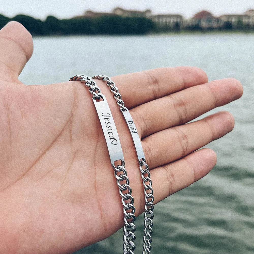 Engraved titanium steel couple bracelet with custom names in gold finish