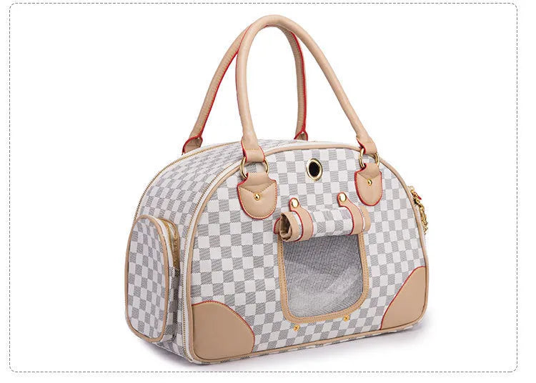 Anti-squeeze PU embossing pet travel bag for cats and dogs coffee white colour