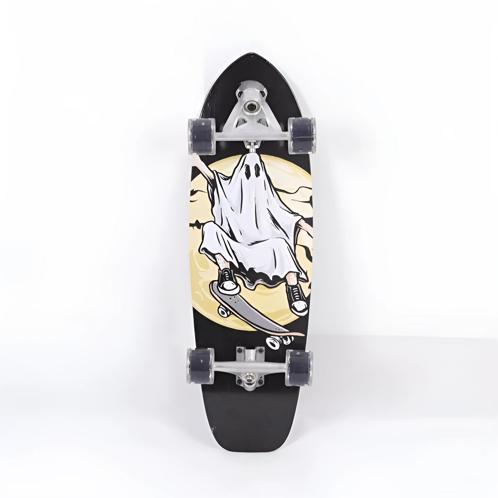 White wooden skateboard with a 31-inch maple deck for street riding.