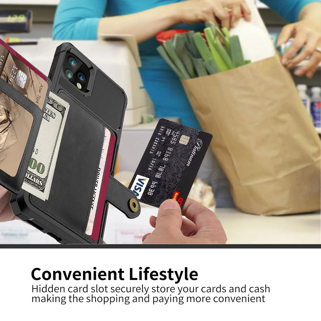 Black imitation leather iPhone back cover case with a slot for holding credit cards.