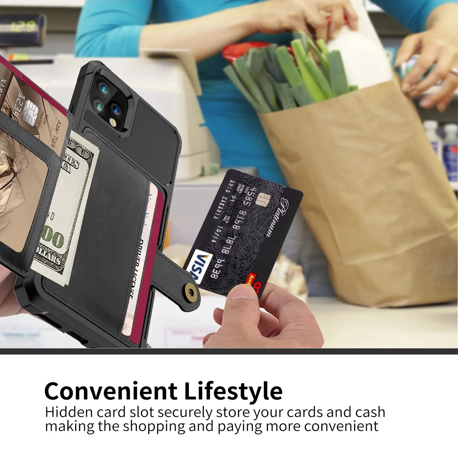 Black imitation leather iPhone back cover case with a slot for holding credit cards.