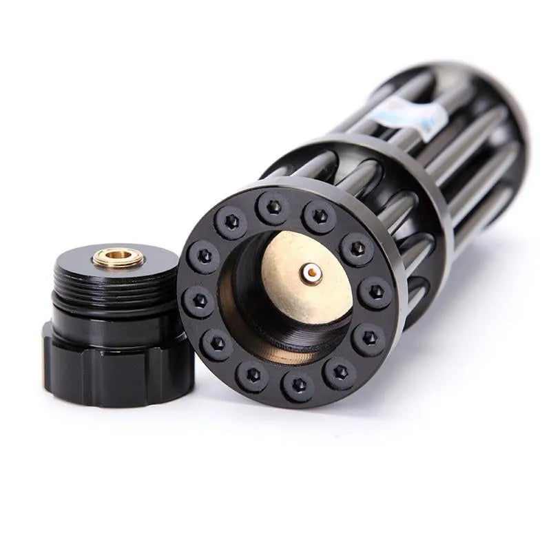 Black anodised aluminium laser torch with blue laser beam, showing tail switch and 168mm length.