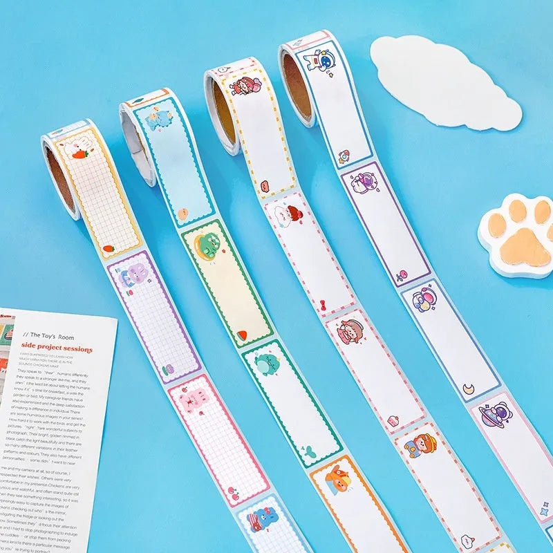 Roll of cartoon name tape stickers showing dinosaur, astronaut, rabbit and girl designs for student organisation
