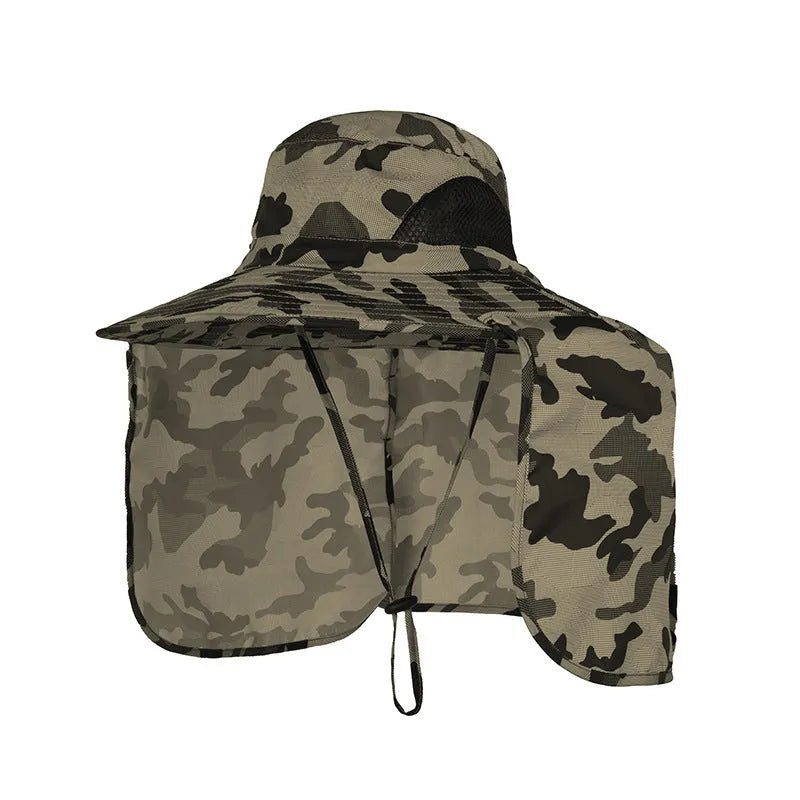 Nylon fisherman hat with neck sun protection flap in camouflage pattern