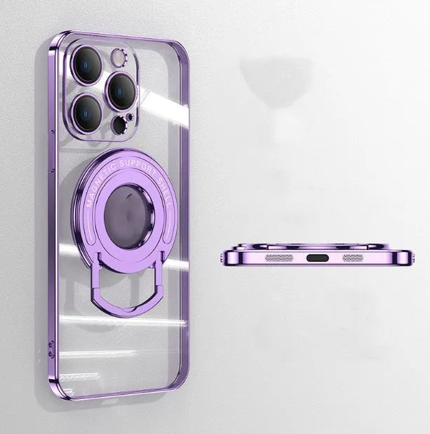 Transparent magnetic iPhone case with invisible pull-out stand in dark purple colour