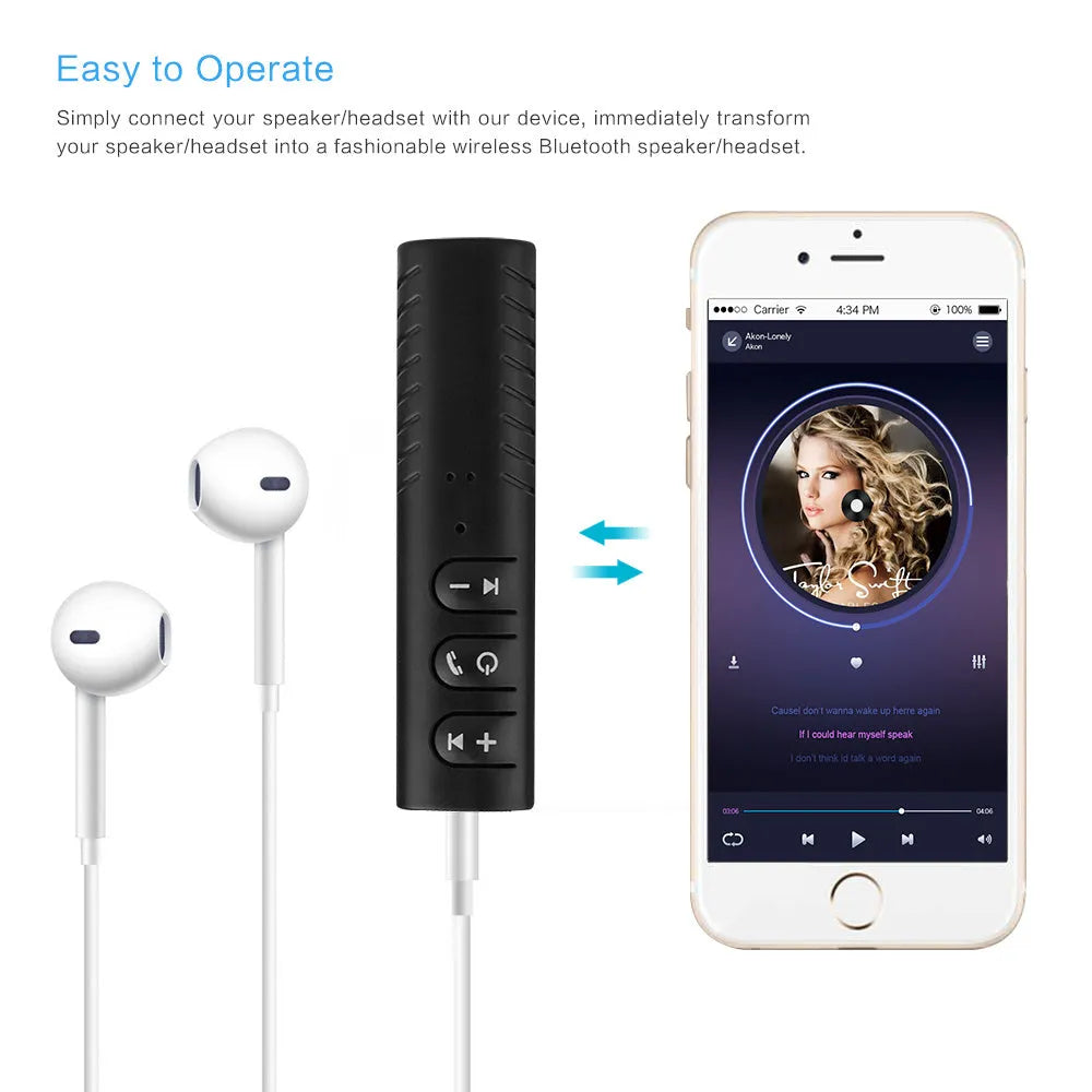 Black universal Bluetooth 4.1 car kit with 3.5mm AUX adapter for wireless music streaming.