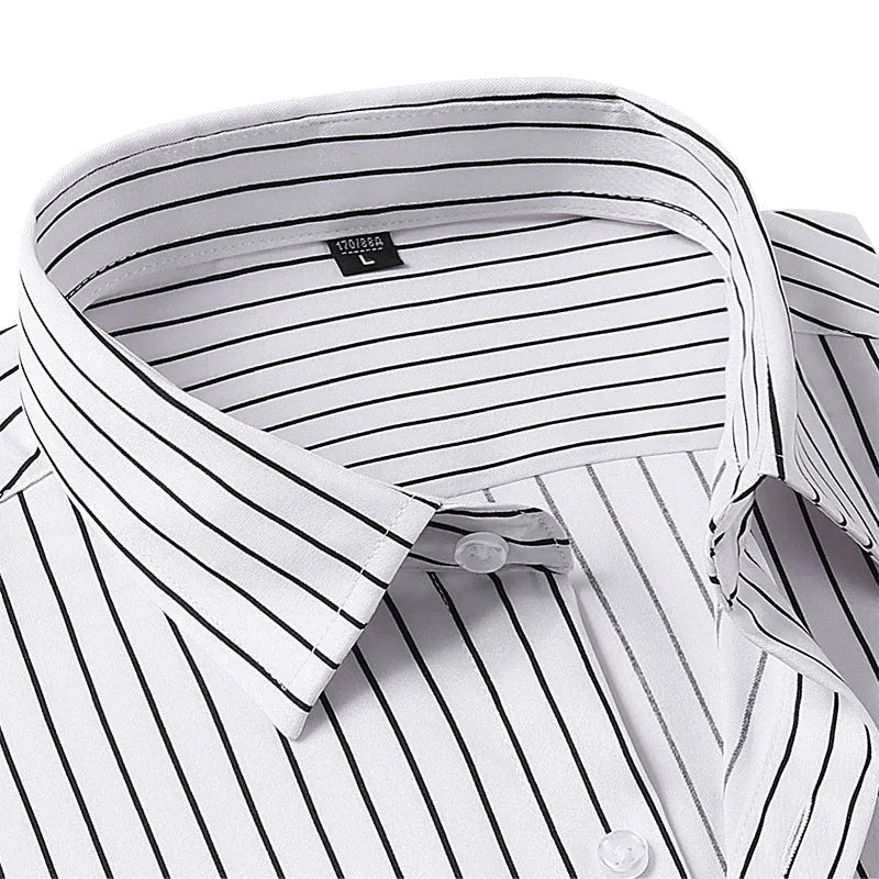 Men's slim fit striped long sleeve shirt in ice silk polyester blend fabric on a hanger.