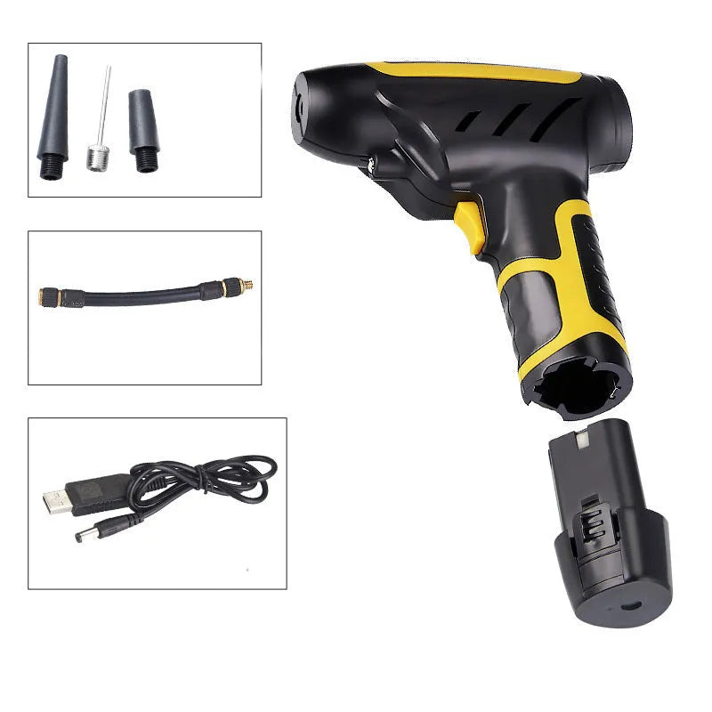 Wireless handheld air pump in black with LED light and pressure gauge, inflating a car tyre