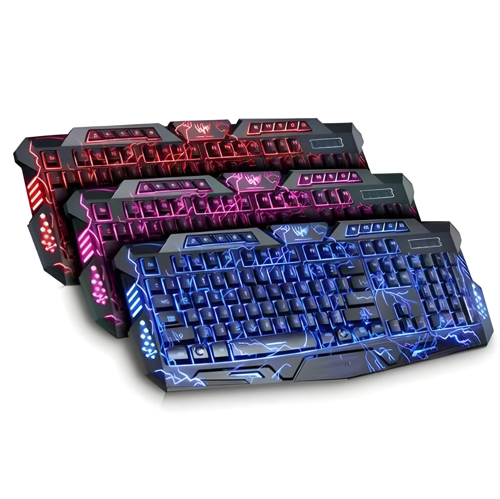 Black 3-colour LED backlit gaming keyboard with ergonomic S-shaped design and adjustable stand on desk
