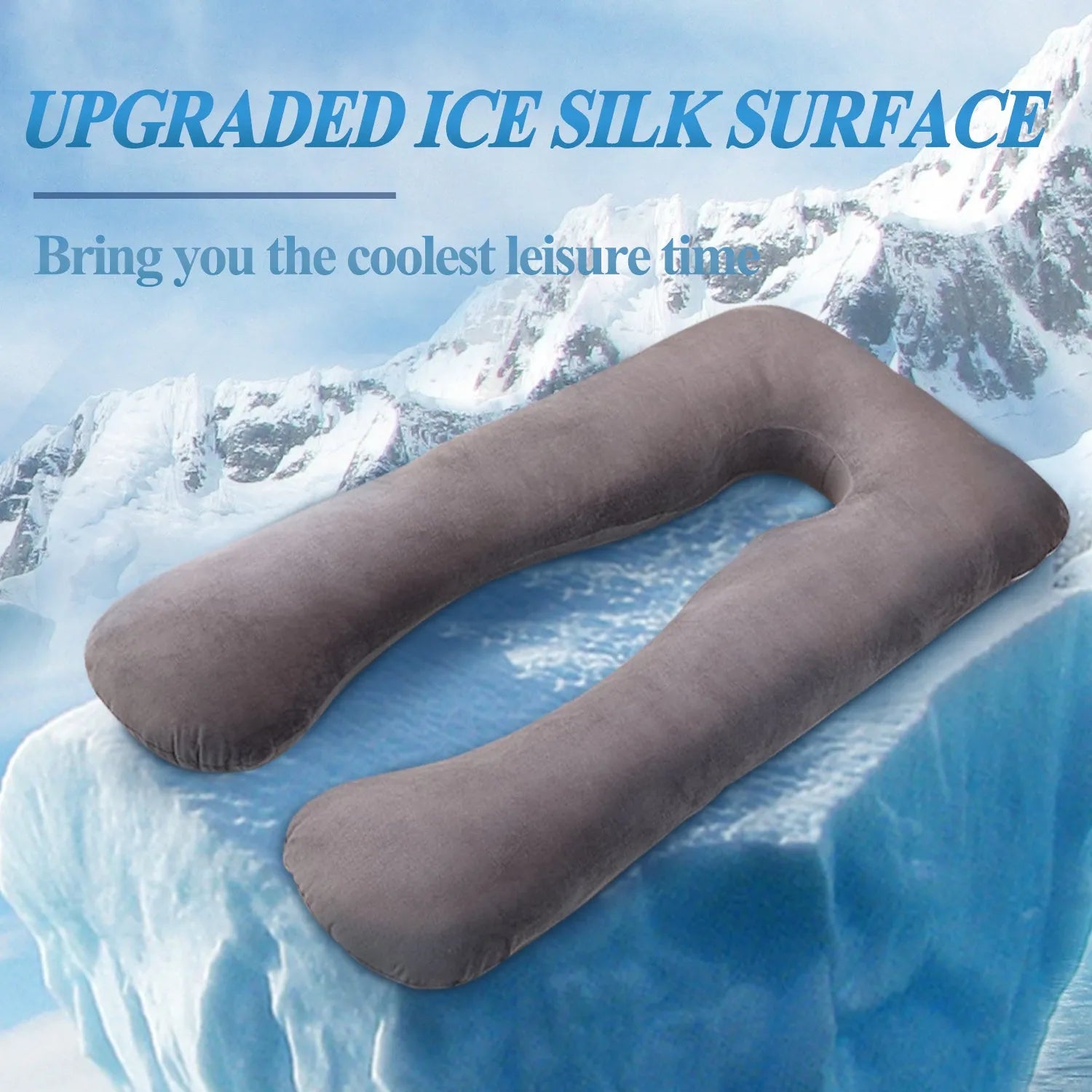 U-shaped maternity pillow with ice silk cover in green colour showing curved design for pregnancy support
