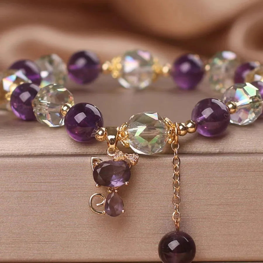 Women's natural amethyst crystal bracelet with nine-tailed fox pendant and leaf flower charm