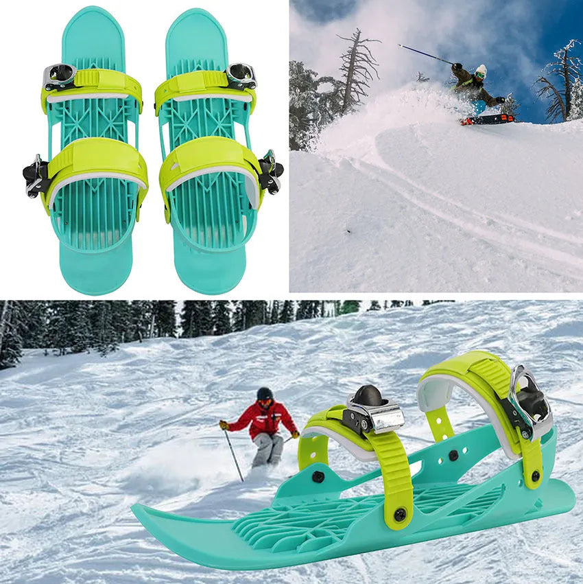 Green and black mini ski skates made from ABS plastic, nylon, and aluminium alloy on snow