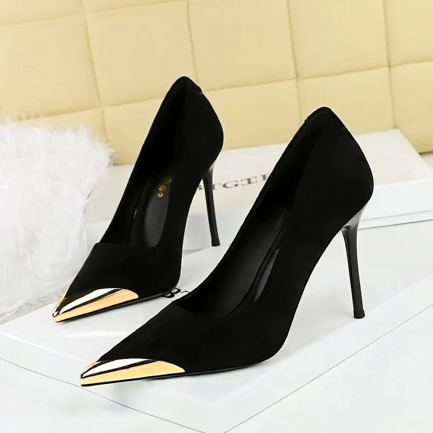 Women's suede stiletto high heels with pointed toe, super high 8cm+ heel, leopard print, brown, black, or ankle red.