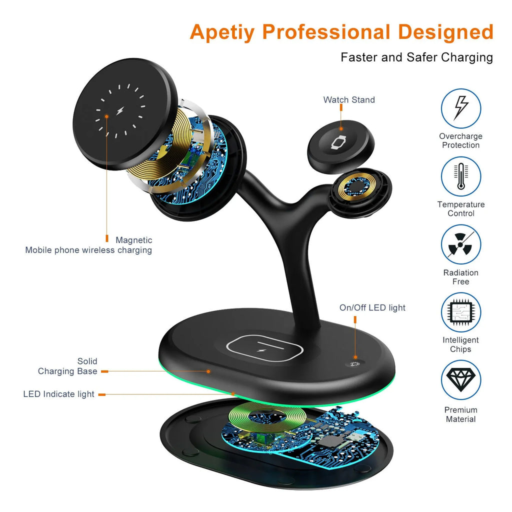 Black three-in-one magnetic wireless charger with iPhone, Apple Watch, and AirPods case placed on charging pads