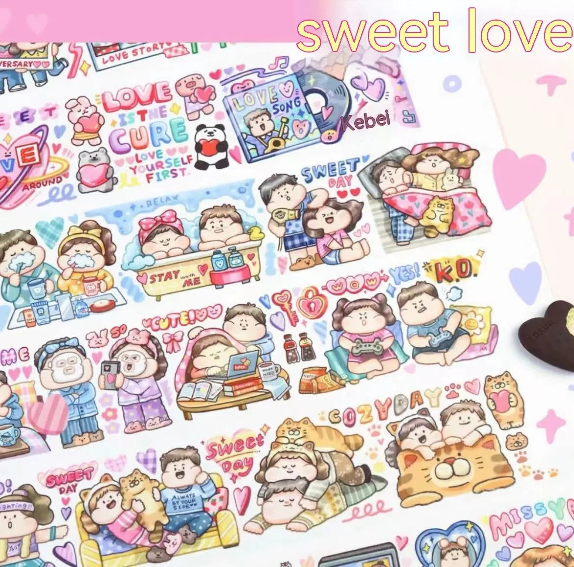 Cute cartoon character decorative sticker on Japanese paper for packaging.