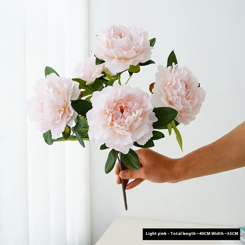 Artificial peony 5-head bouquet in light champagne, 40cm tall silk flower arrangement