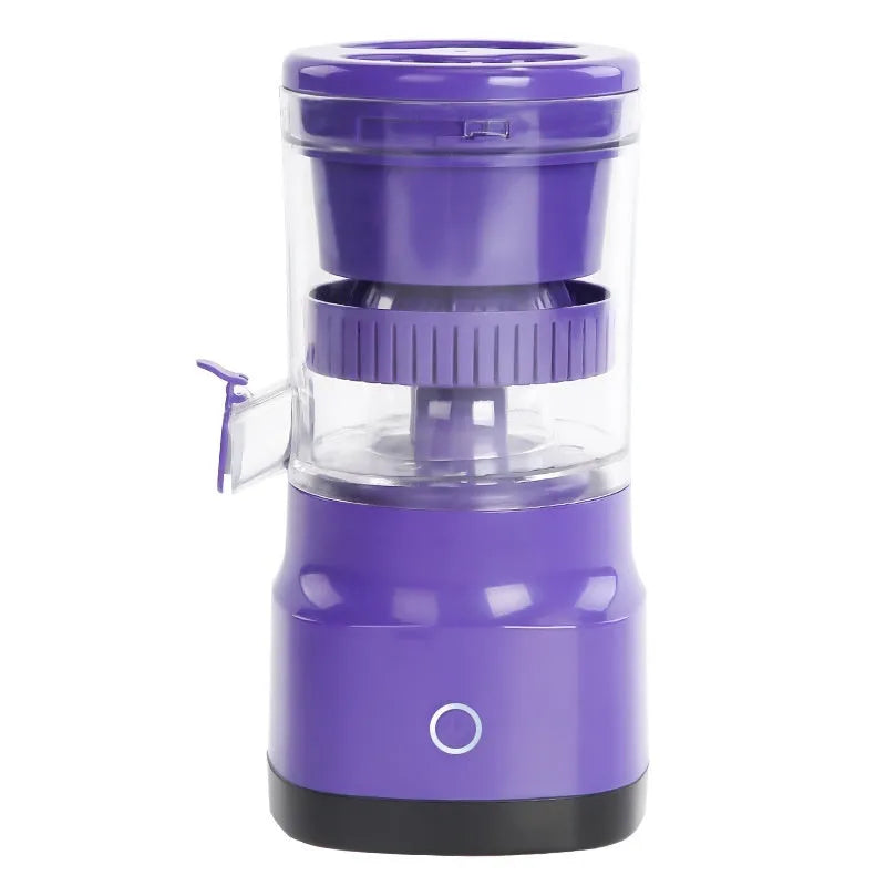 Purple USB rechargeable electric citrus juicer with detachable cone and 400 ml container.
