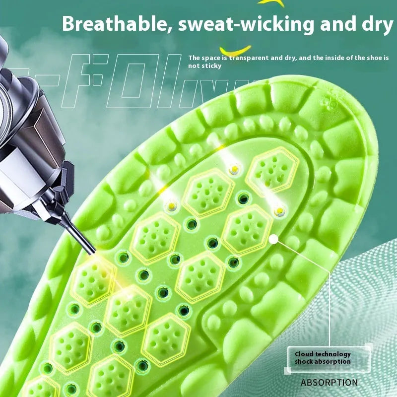 Green PU sports insoles with air cushion shock absorption and argy wormwood lining on a white background