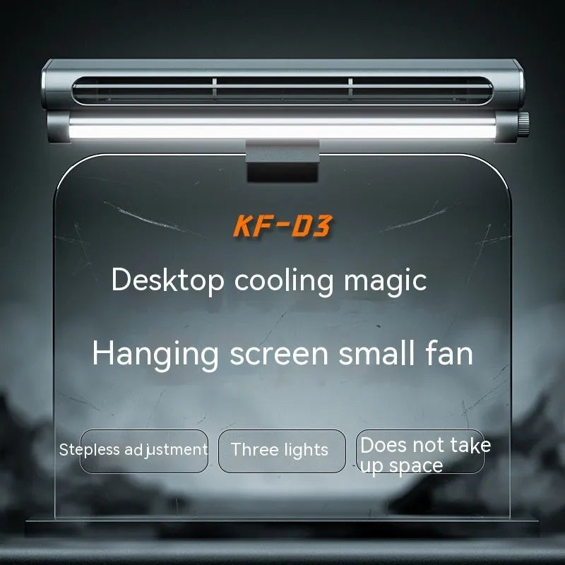 Black USB-powered bladeless fan with a screen clamp and integrated eye-protection lamp for computer desks.