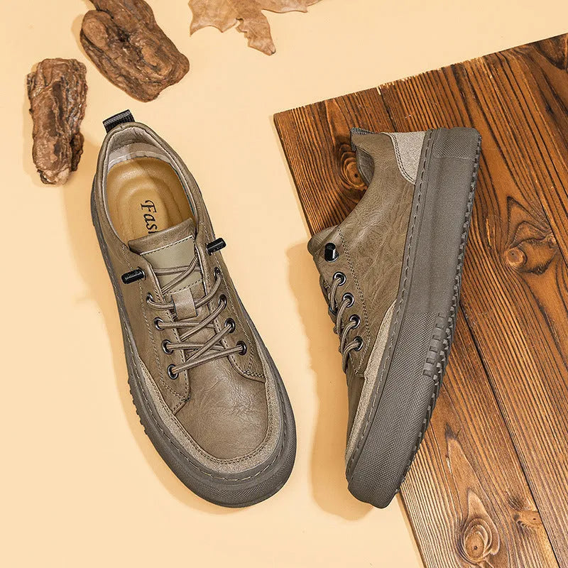 Men's black round toe leather lace-up casual shoes with rubber sole