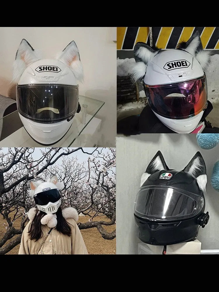 Set of black and white wolf ear and tail ornaments clipped to a motorcycle helmet