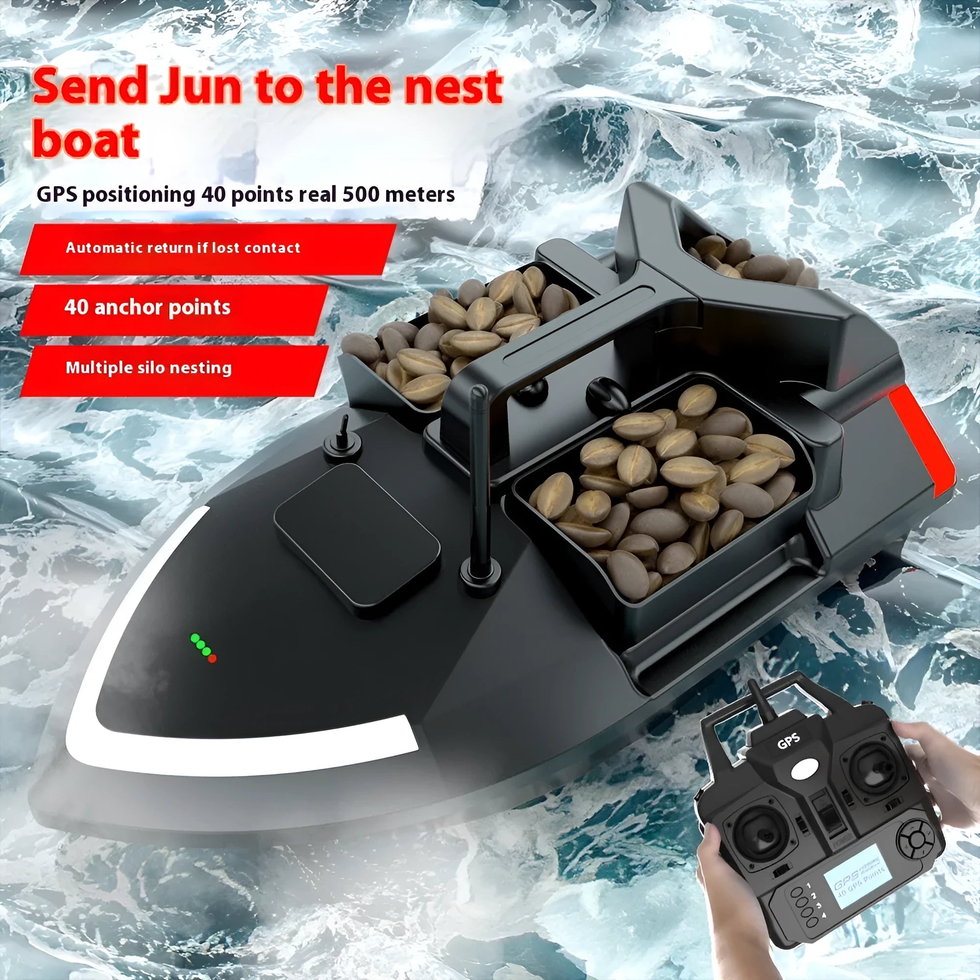 V020 black remote control fishing boat with GPS antenna on a calm lake at dusk