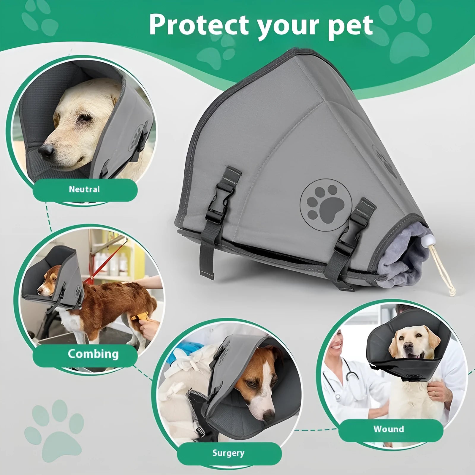 Adjustable fabric pet recovery collar in beige, showing hook-and-loop fastener and ring shape.