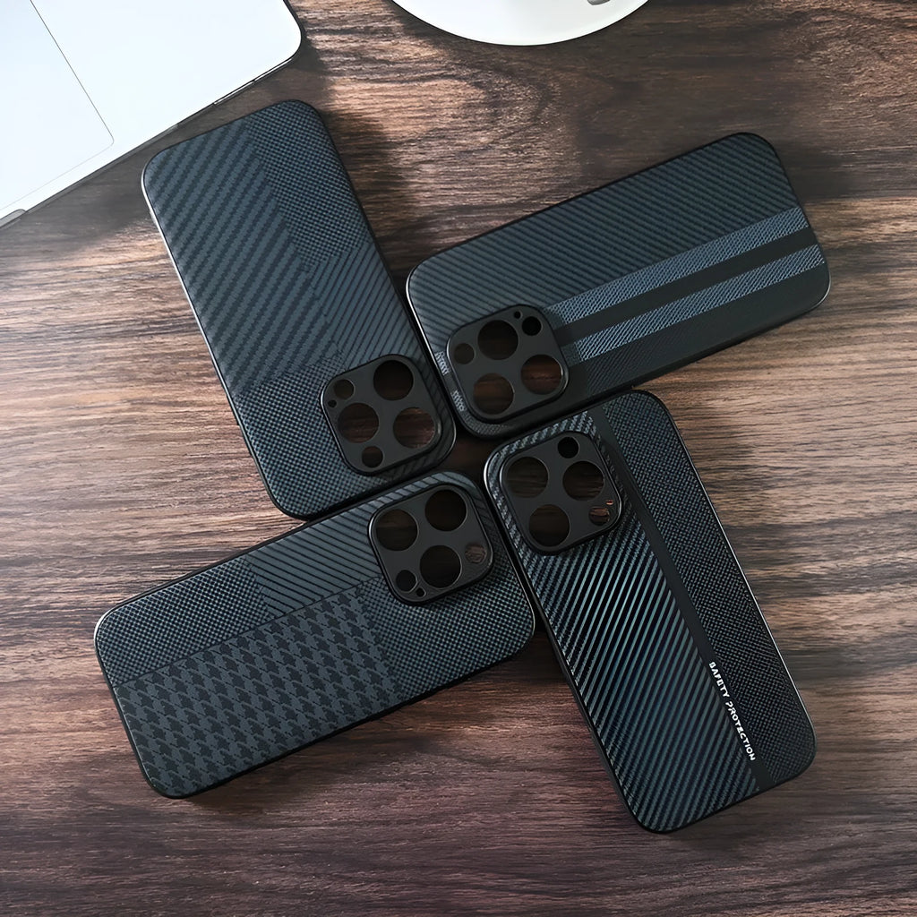 Black pattern imitation leather anti-fall iPhone case, shockproof and fingerprint-proof, for iPhone 11-16 Pro Max