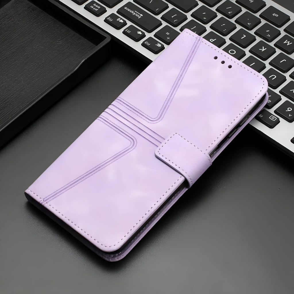 Blue geometric embossed flip card leather case for Samsung with short hand strap