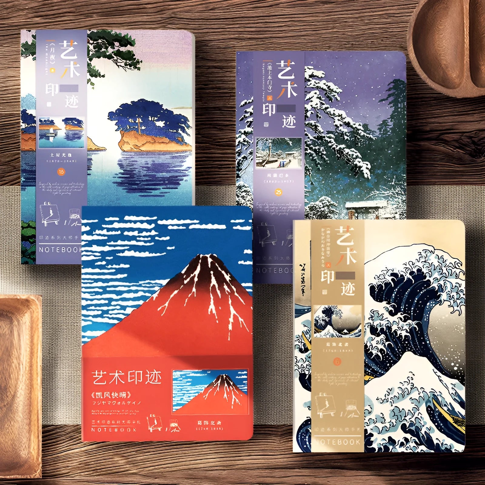 Ukiyo-e Kanagawa wave art cover hand ledger notebook open on a table.